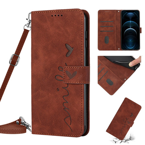 iPhone 12 Pro Max Skin Feel Heart Pattern Leather Phone Case With Lanyard - Brown