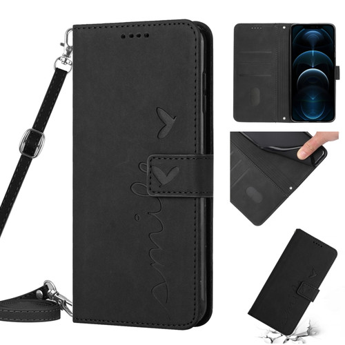 iPhone 12 Pro Max Skin Feel Heart Pattern Leather Phone Case With Lanyard - Black
