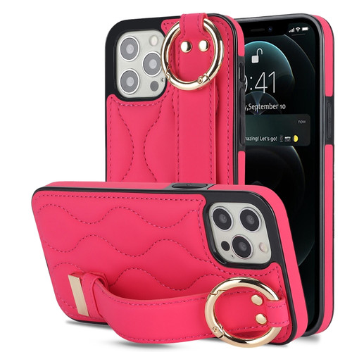 iPhone 12 Pro Max Non-slip Full Coverage Ring PU Phone Case with Wristband - Rose Red