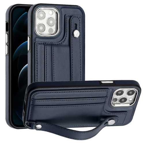 iPhone 12 Pro Max Shockproof Leather Phone Case with Wrist Strap - Blue