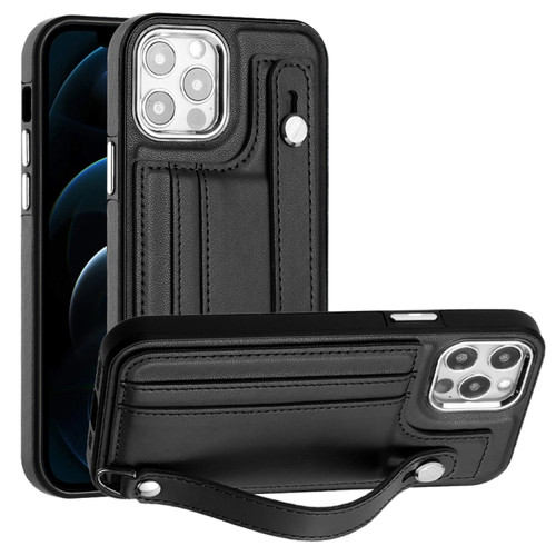 iPhone 12 Pro Max Shockproof Leather Phone Case with Wrist Strap - Black