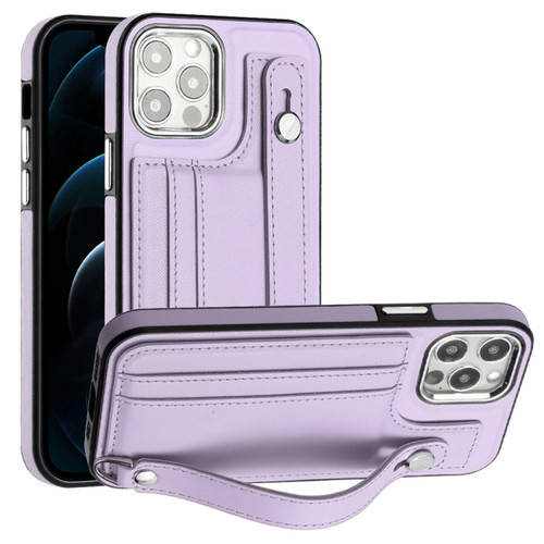 iPhone 12 Pro Max Shockproof Leather Phone Case with Wrist Strap - Purple