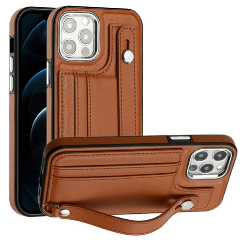 iPhone 12 Pro Max Shockproof Leather Phone Case with Wrist Strap - Brown