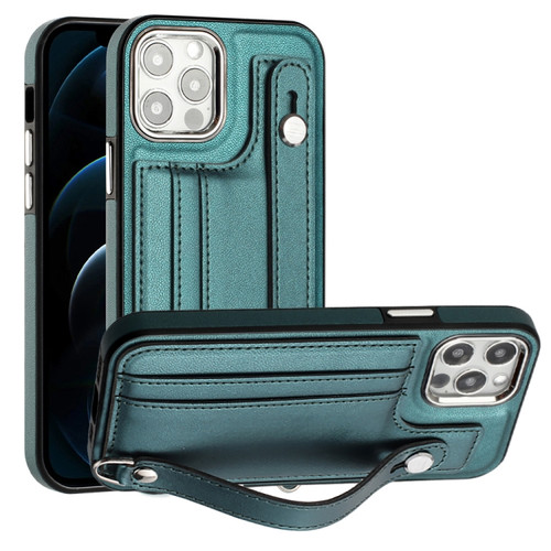 iPhone 12 Pro Max Shockproof Leather Phone Case with Wrist Strap - Green