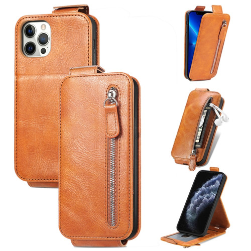 iPhone 12 Pro Max Zipper Wallet Vertical Flip Leather Phone Case - Brown