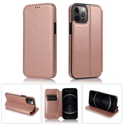 iPhone 12 Pro Max Strong Magnetic Closure PU + TPU Leather Case with Card Slots & Holder - Rose Red
