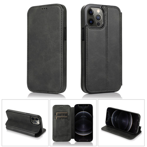 iPhone 12 Pro Max Strong Magnetic Closure PU + TPU Leather Case with Card Slots & Holder - Black