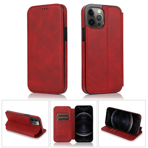 iPhone 12 Pro Max Strong Magnetic Closure PU + TPU Leather Case with Card Slots & Holder - Red
