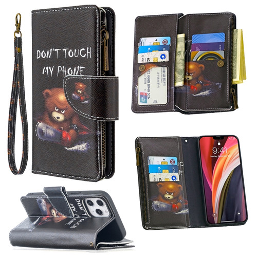 iPhone 12 Pro Max Colored Drawing Pattern Zipper Horizontal Flip Leather Case with Holder & Card Slots & Wallet - Bear