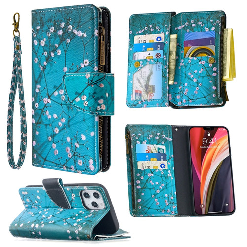 iPhone 12 Pro Max Colored Drawing Pattern Zipper Horizontal Flip Leather Case with Holder & Card Slots & Wallet - Plum Blossom