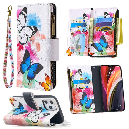 iPhone 12 Pro Max Colored Drawing Pattern Zipper Horizontal Flip Leather Case with Holder & Card Slots & Wallet - Two Butterflies