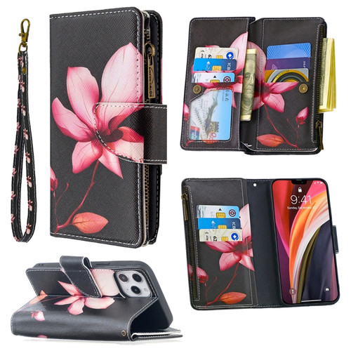 iPhone 12 Pro Max Colored Drawing Pattern Zipper Horizontal Flip Leather Case with Holder & Card Slots & Wallet - Lotus