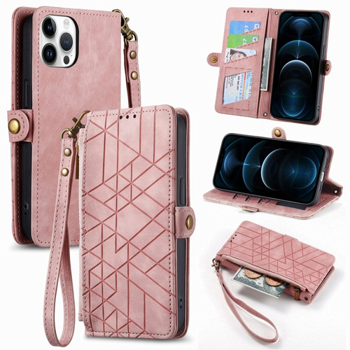 iPhone 12 Pro Max Geometric Zipper Wallet Side Buckle Leather Phone Case - Pink