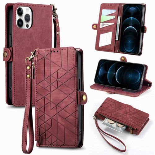 iPhone 12 Pro Max Geometric Zipper Wallet Side Buckle Leather Phone Case - Red