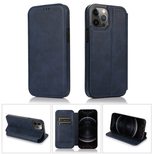 iPhone 12 Pro Max Strong Magnetic Closure PU + TPU Leather Case with Card Slots & Holder - Blue