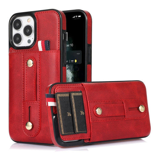 iPhone 12 Pro Max Wristband Kickstand Wallet Leather Phone Case - Red