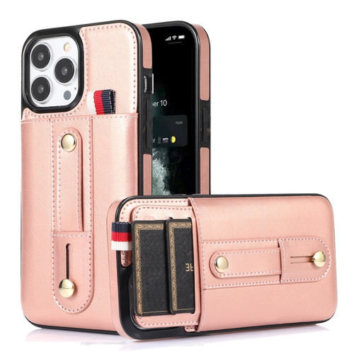 iPhone 12 Pro Max Wristband Kickstand Wallet Leather Phone Case - Rose Gold