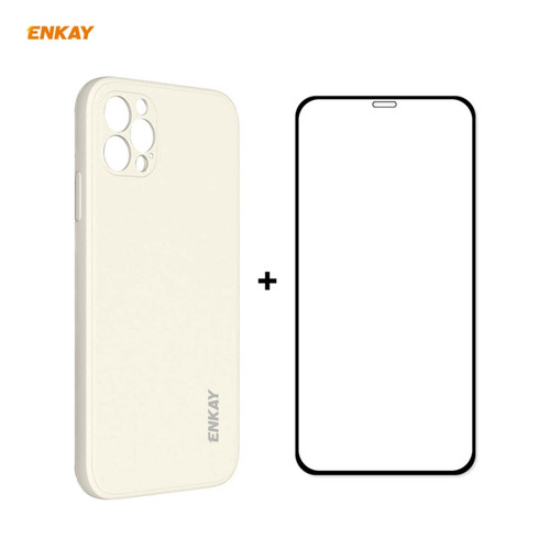 iPhone 12 Pro Max Hat-Prince ENKAY ENK-PC0702 Liquid Silicone Straight Edge Shockproof Case + 0.26mm 9H 2.5D Full Glue Tempered Glass Film - Beige