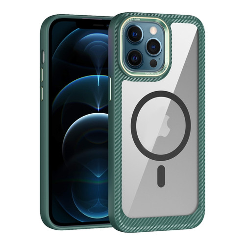 iPhone 12 Pro Max MagSafe Carbon Fiber Transparent Back Panel Phone Case - Green