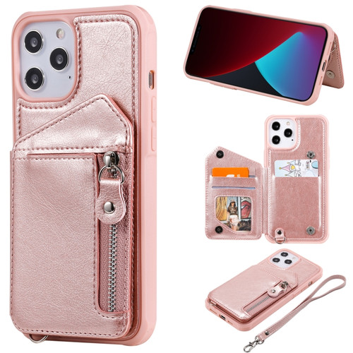 iPhone 12 Pro Max Zipper Double Buckle Shockproof Protective Case with Stand & Photo Holder & Wallet Function - Rose Gold