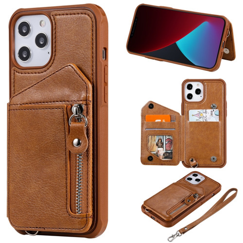 iPhone 12 Pro Max Zipper Double Buckle Shockproof Protective Case with Stand & Photo Holder & Wallet Function - Brown