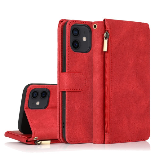 iPhone 12 Pro Max Skin-feel Crazy Horse Texture Zipper Wallet Bag Horizontal Flip Leather Case with Holder & Card Slots & Wallet & Lanyard - Red