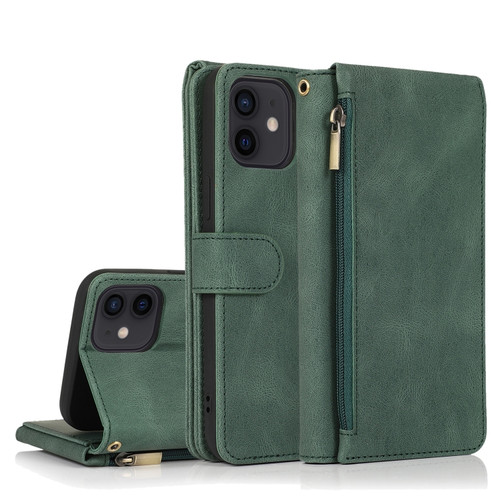 iPhone 12 Pro Max Skin-feel Crazy Horse Texture Zipper Wallet Bag Horizontal Flip Leather Case with Holder & Card Slots & Wallet & Lanyard - Dark Green