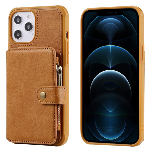 iPhone 12 Pro Max Zipper Shockproof Protective Case with Card Slots & Bracket & Photo Holder & Wallet Function - Brown