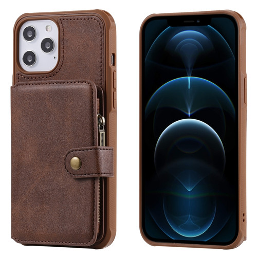 iPhone 12 Pro Max Zipper Shockproof Protective Case with Card Slots & Bracket & Photo Holder & Wallet Function - Coffee