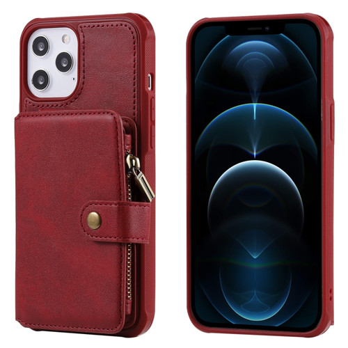 iPhone 12 Pro Max Zipper Shockproof Protective Case with Card Slots & Bracket & Photo Holder & Wallet Function - Red