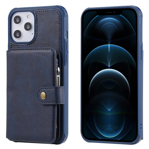 iPhone 12 Pro Max Zipper Shockproof Protective Case with Card Slots & Bracket & Photo Holder & Wallet Function - Blue