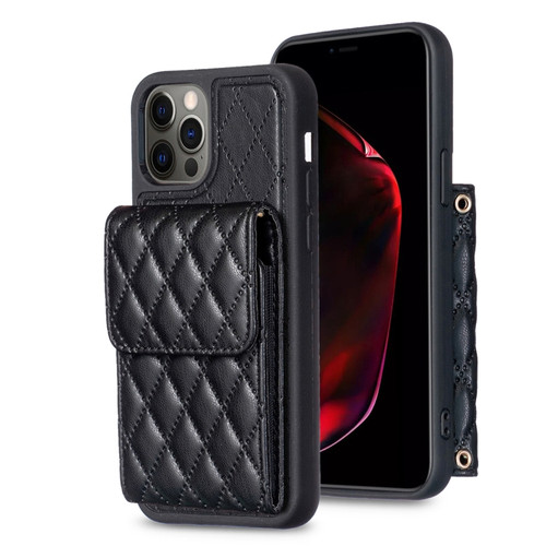 iPhone 12 Pro Max Vertical Wallet Rhombic Leather Phone Case - Black