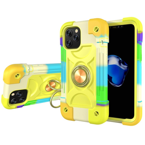 iPhone 12 Pro Max Shockproof Silicone + PC Protective Case with Dual-Ring Holder - Colorful Yellow Green