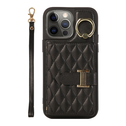 iPhone 12 Pro Max Horizontal Card Bag Ring Holder Phone Case with Dual Lanyard - Black