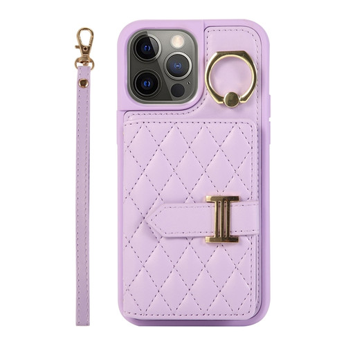 iPhone 12 Pro Max Horizontal Card Bag Ring Holder Phone Case with Dual Lanyard - Purple