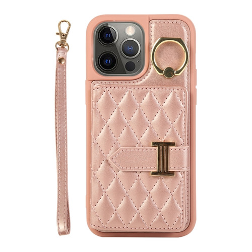 iPhone 12 Pro Max Horizontal Card Bag Ring Holder Phone Case with Dual Lanyard - Rose Gold