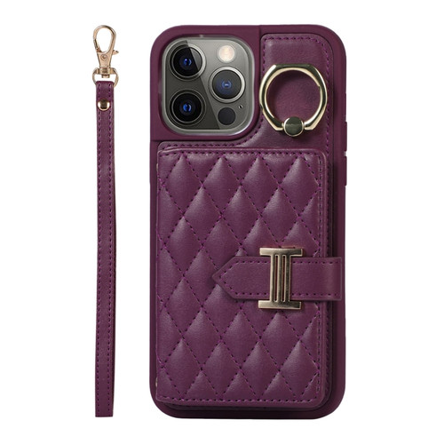 iPhone 12 Pro Max Horizontal Card Bag Ring Holder Phone Case with Dual Lanyard - Dark Purple