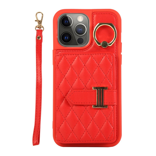 iPhone 12 Pro Max Horizontal Card Bag Ring Holder Phone Case with Dual Lanyard - Red
