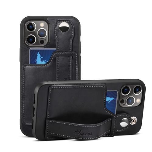 iPhone 12 Pro Max Suteni 215 Wrist Strap PU Phone Case - Black