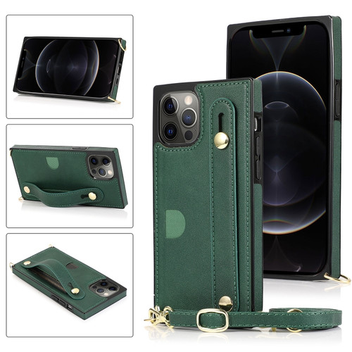 iPhone 12 Pro Max PU+TPU Shockproof Protective Case with Crossbody Lanyard & Holder & Card Slot & Wrist Strap - Green