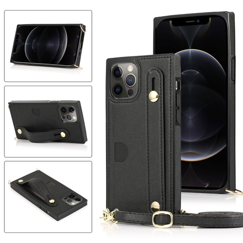 iPhone 12 Pro Max PU+TPU Shockproof Protective Case with Crossbody Lanyard & Holder & Card Slot & Wrist Strap - Black
