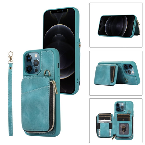 iPhone 12 Pro Max Zipper Card Bag Back Cover Phone Case - Turquoise