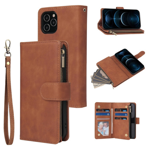iPhone 12 Pro Max Multifunctional Retro Frosted Horizontal Flip Leather Case with Card Slot & Holder & Zipper Wallet & Photo Frame & Lanyard - Brown