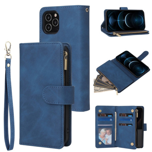 iPhone 12 Pro Max Multifunctional Retro Frosted Horizontal Flip Leather Case with Card Slot & Holder & Zipper Wallet & Photo Frame & Lanyard - Blue