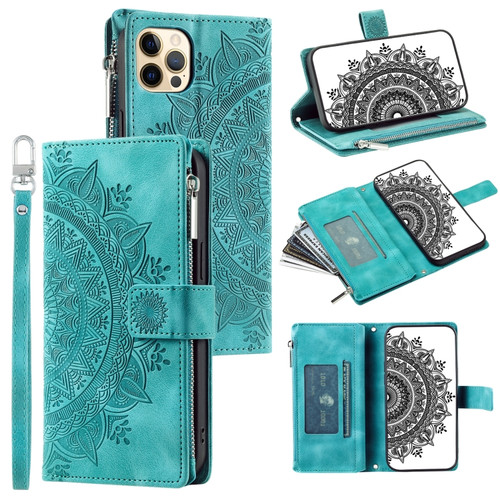 iPhone 12 Pro Max Multi-Card Totem Zipper Leather Phone Case - Green