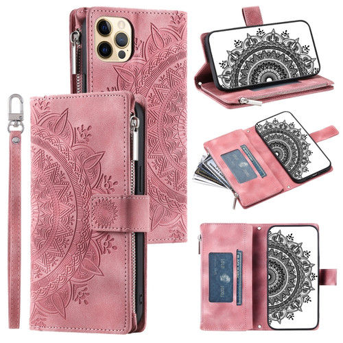 iPhone 12 Pro Max Multi-Card Totem Zipper Leather Phone Case - Pink