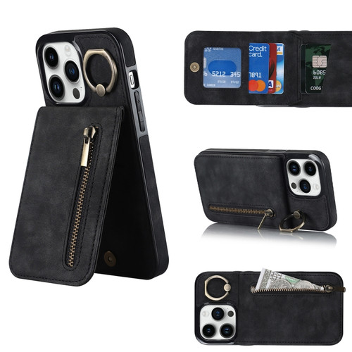 iPhone 12 Pro Max Retro Ring and Zipper RFID Card Slot Phone Case - Black