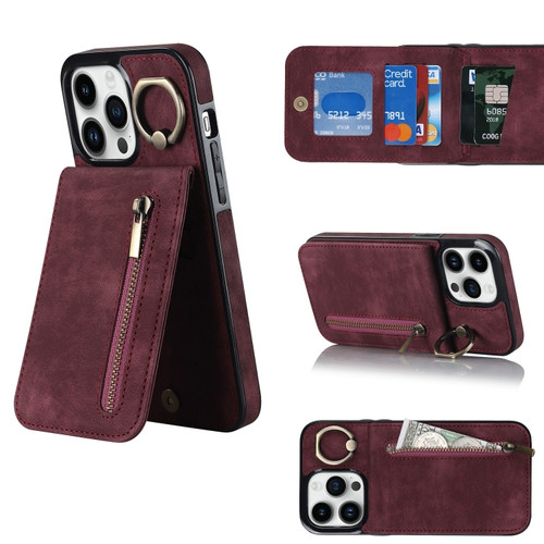 iPhone 12 Pro Max Retro Ring and Zipper RFID Card Slot Phone Case - Wine Red