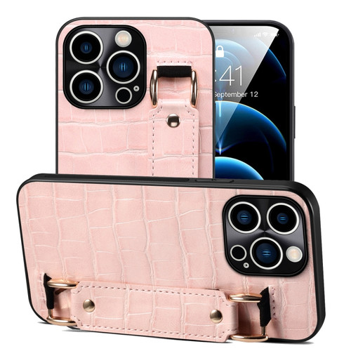 iPhone 12 Pro Max Crocodile Wristband Wallet Leather Back Cover Phone Case - Pink