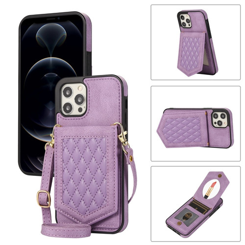 iPhone 12 Pro Max Rhombic Texture RFID Phone Case with Lanyard & Mirror - Purple